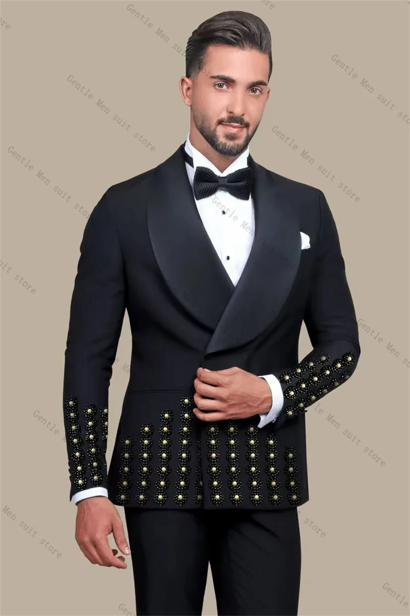 ชุดสูทผู้ชายคริสตัลหรูหรา 2 ชิ้น เสื้อสูท+กางเกงขายาว กระดุมสองแถว ชุดทักซิโด้สำหรับงานแต่งงาน ชุดสูทสำหรับงานทางการ แจ็คเก็ตสำหรับงานพรอม สามารถสั่งตัดได้
