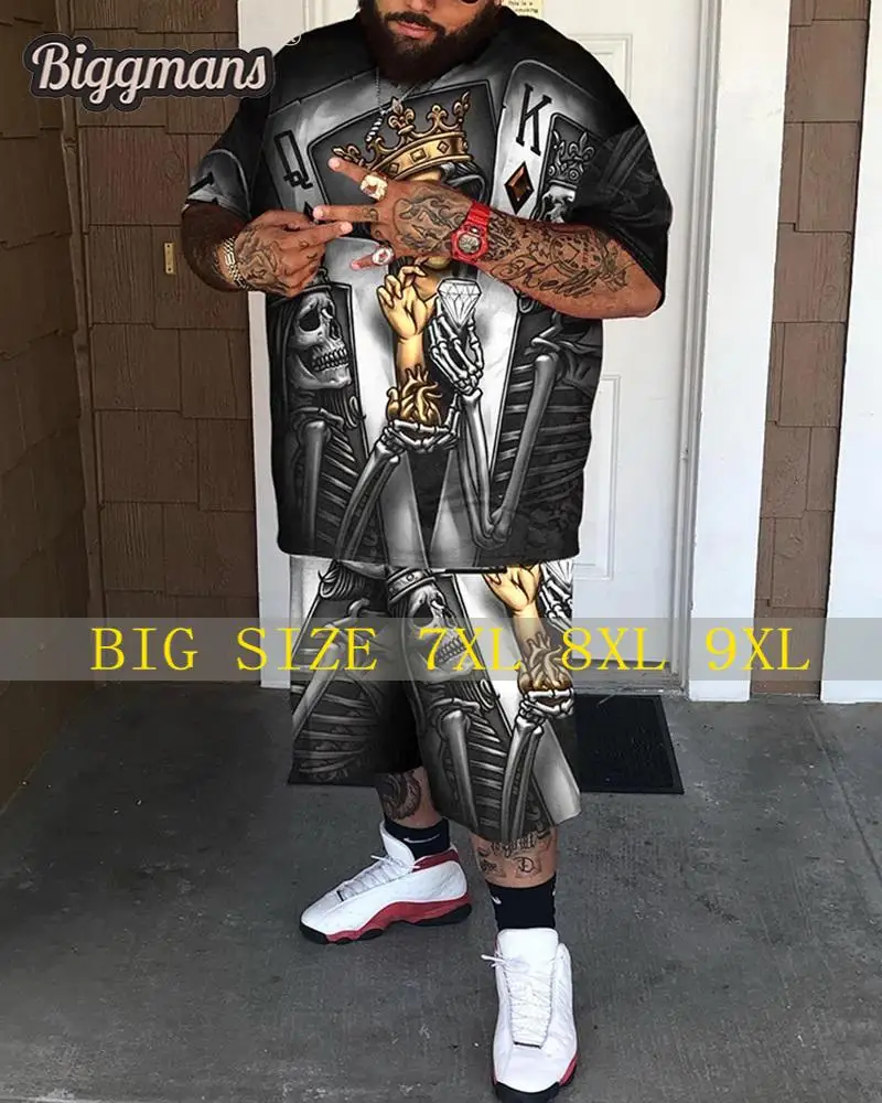 

Biggmans Short Shirt Shorts Two Piece T-Shirt Sets for Men's Clothing Fashion Ace of spades poker Big Plus Size Suit