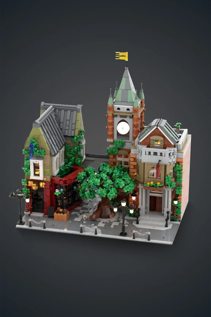 MOC-202302 Dorf Platz Bausteine Modell Mittelalterlichen Dorf Platz Architektur Street View Ziegel Montage Spielzeug Kinder Geschenke