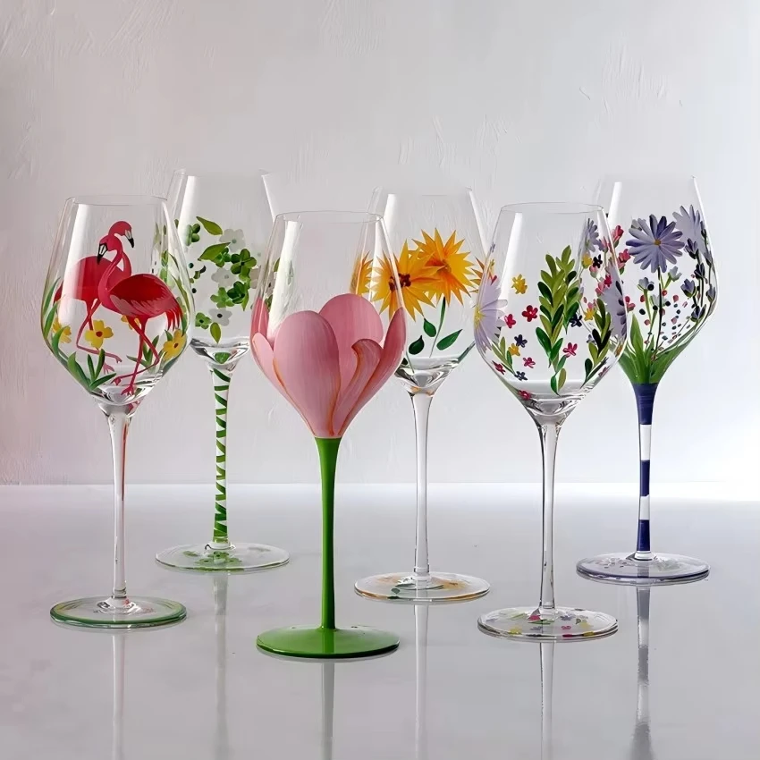 Vintage Champagnergläser Handbemalter Kelch Sonnenblume Tulpe Flamingo Rosenmuster Rotweinbecher Home Bar Restaurant Glastasse