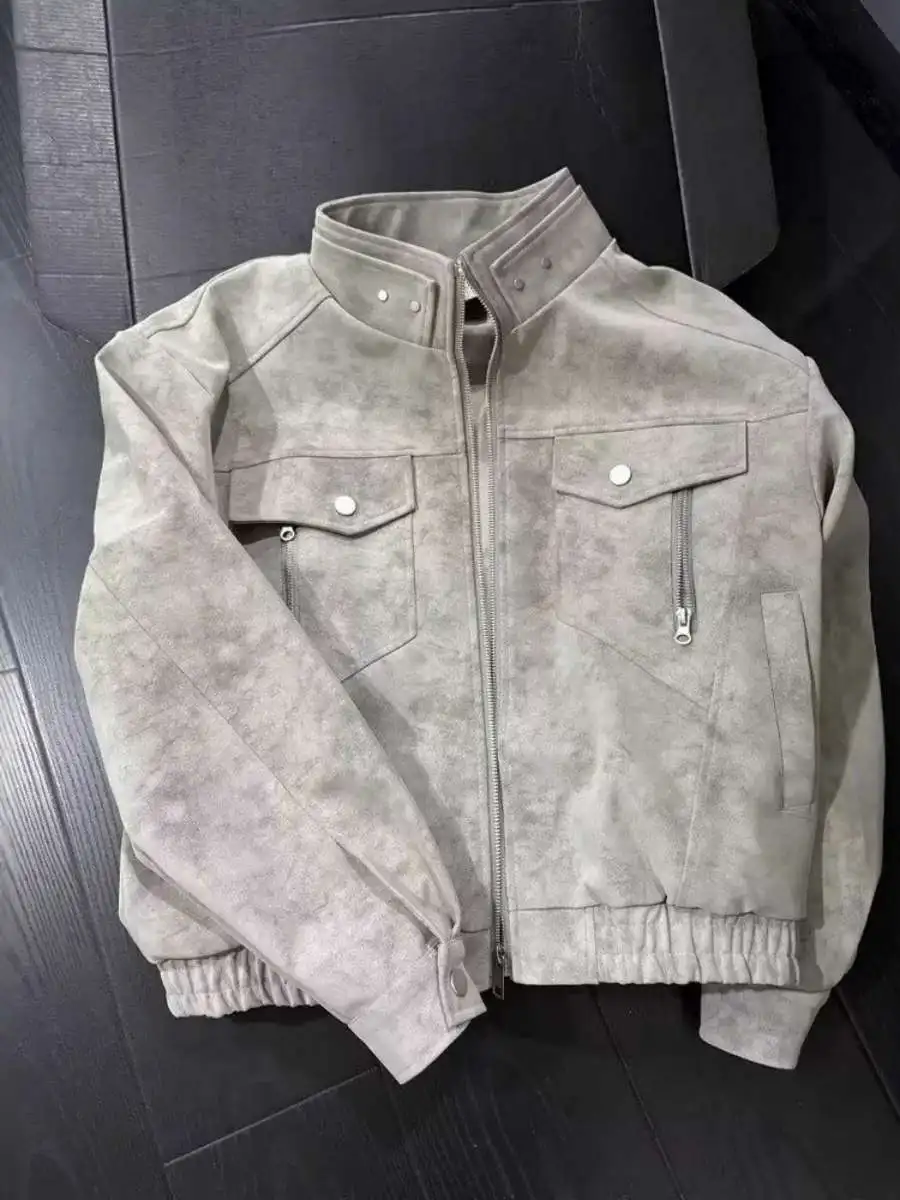 

Американская мотоциклетная рабочая одежда из искусственной кожи в стиле High Street, мужская модная кожаная куртка с воротником-стойкой и принтом тай-дай, осенняя мода