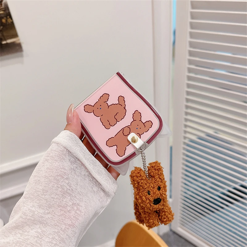 Korean Cat Ears Folding Screen Protective Case Cute Little White Dog Brown Dog Samsung Z Flip 3 4 5 6 Full Cover Instagram