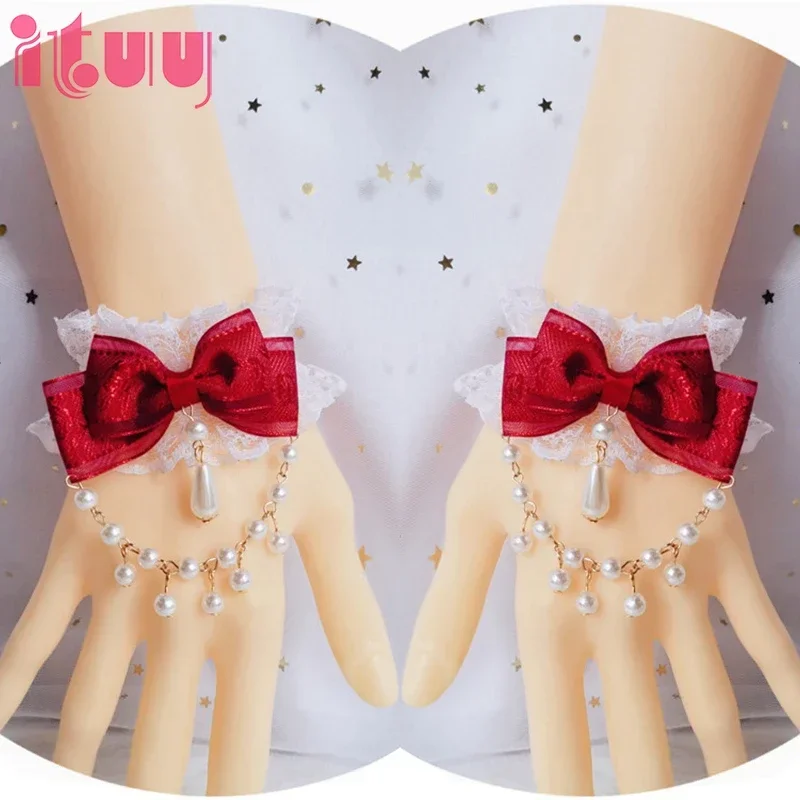 

Japanese Kawaii Lolita KC Hand Sleeve Bracelet Red Bowknot Pearl Pendant Lace Hand Sleeve Girl Ornaments Bride Accessories