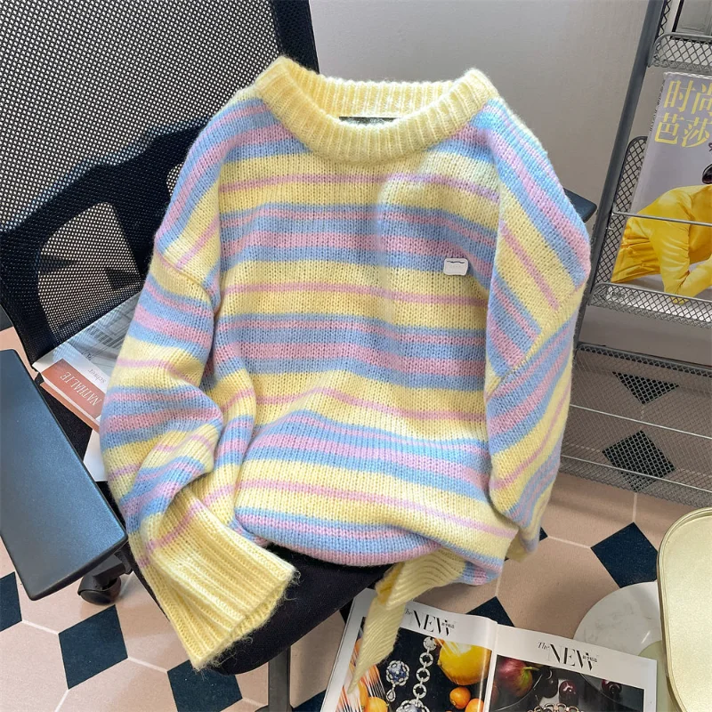 

Striped Soft Waxy Sweater Women New Style Loose Japanese Round Neck Pullover Cute Gentle Style Knitted Top