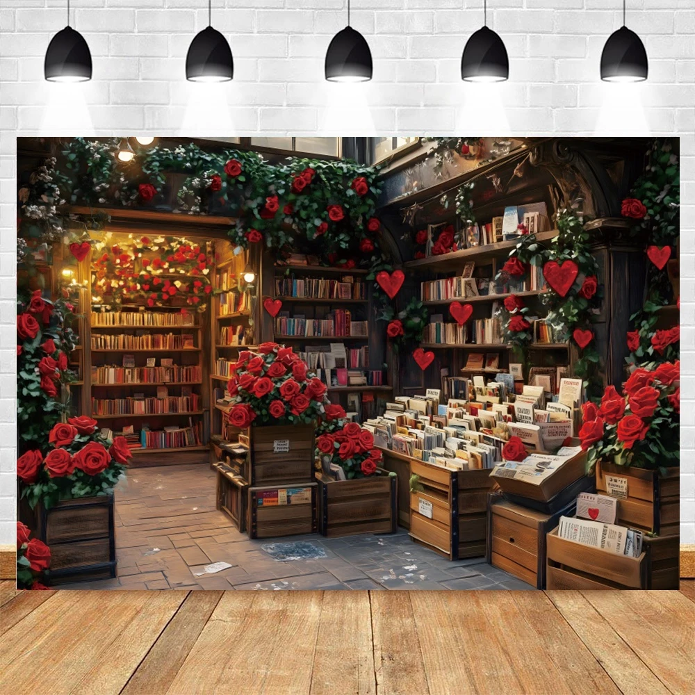 Vintage Bookstore Photography Backdrop Romantic Valentine's Day Red Roses Flower Wall Decoration Art Portrait Photo Background