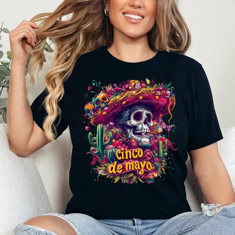 

Day of The Dead Inspired Cinco De Mayo Shirt, Skull in Sombrero Fun Party Tee Unique Mexican Holiday Tee Graphic T Shirts Cotton
