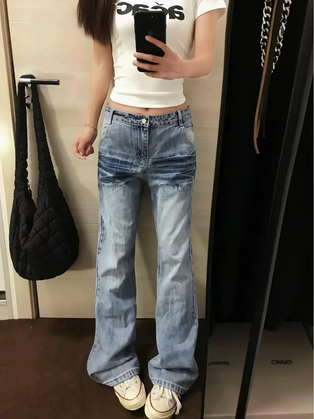 Washed Blue Lightning Pattern Men's Jeans Summer Slim Straight Cut Waist Lifted Micro Flared Pants Slimming Effect