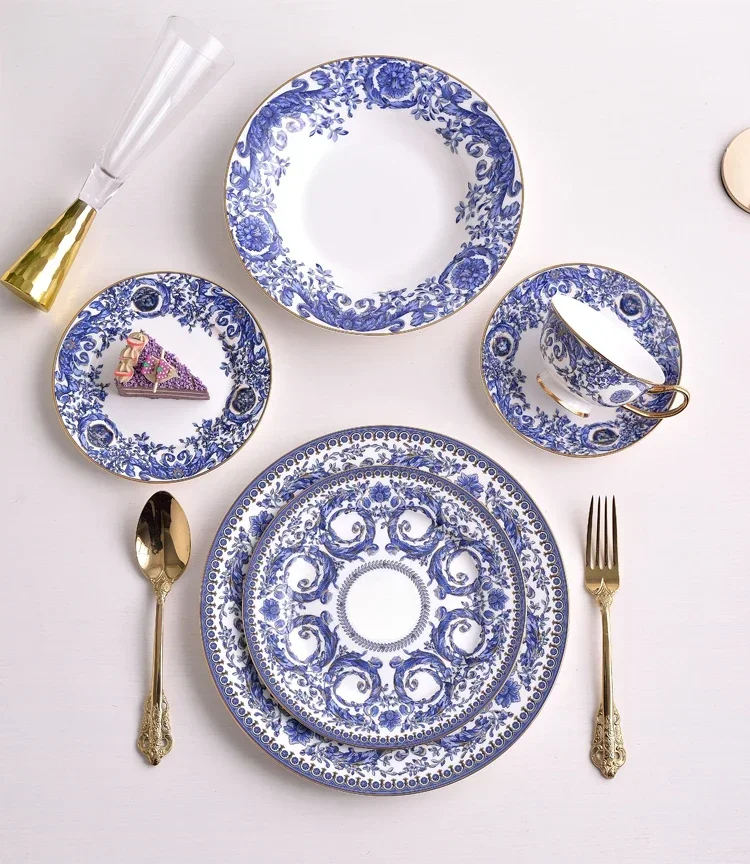 

Blue and White Orchid Tableware Flat Plate Western Cuisine Dim Sum Plate Display Cup and Saucer Fish Dish Soup Plate