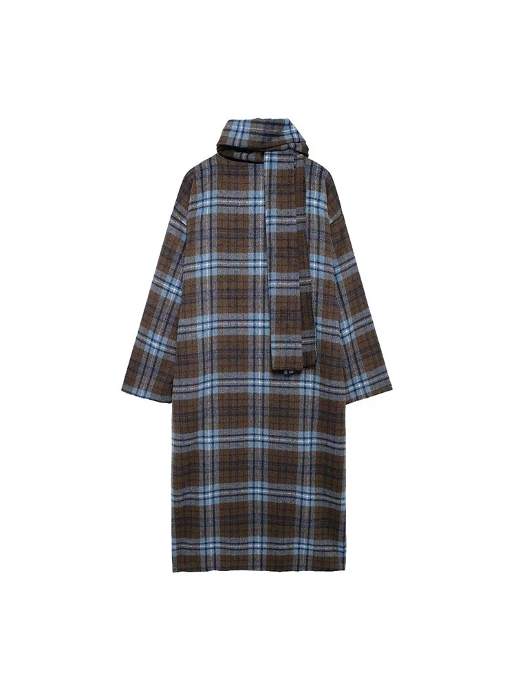 2024 herbst/Winter Europäischen Stil Damen Retro Casual Schal Kragen Blau Plaid Woolen Langen Mantel