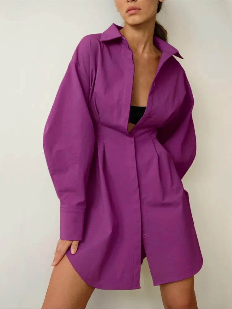 Woman's Elegant Mini Dress Spring Fashion Lapel Long Sleeved Dresses Ladies Solid Color Single Breasted Waist Cinched Vestidos