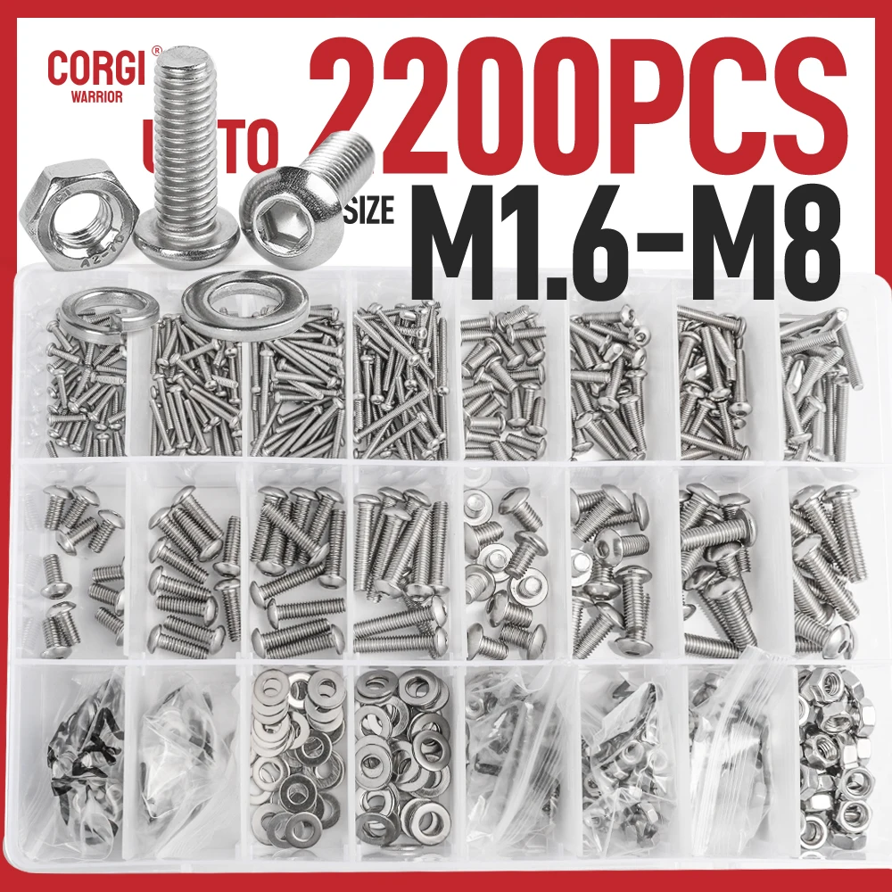 Up to 2200 Stainless Steel Button Head Hex Socket Cap Screws M1.6 M2 M2.5 M3 M4 M5 M6 M8 Screw Nuts Flat Washer Assortment Kit