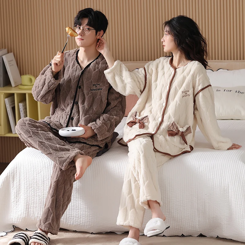 Winter Coral Fleece Lined Couple Pajamas Set New Style Cardigan Home Clothes For Men And Women Thickened For Cold Weather