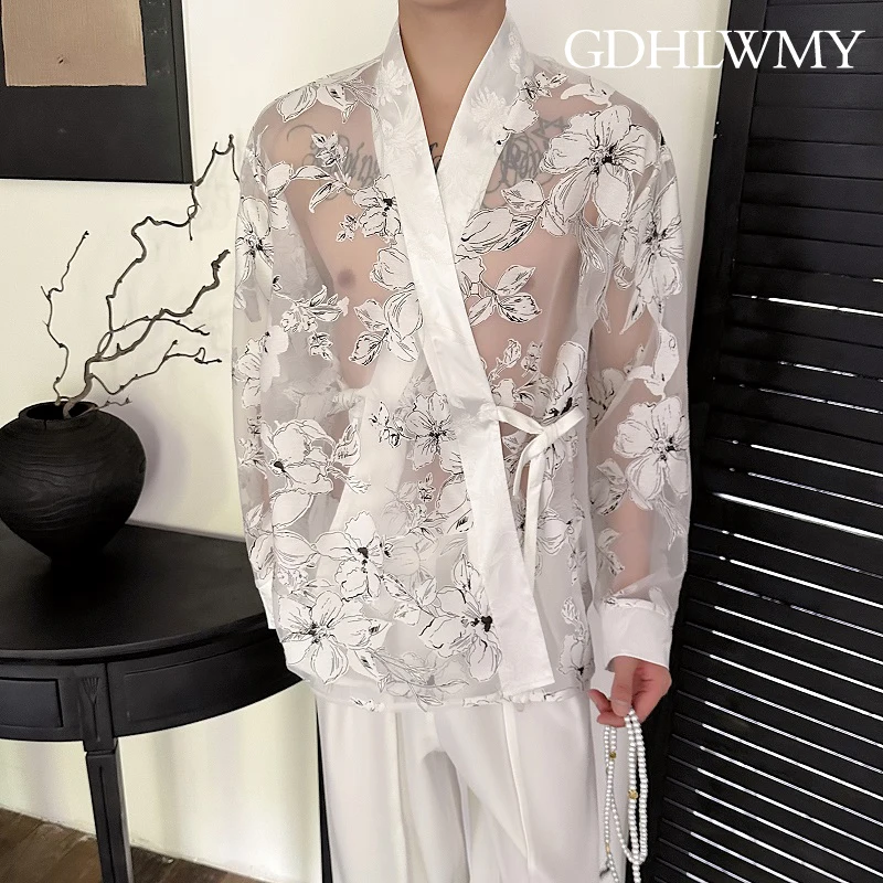 

GDHLWMY Summer organza jacquard Zen style tied long sleeved shirt for men and women, trendy retro casual shirt