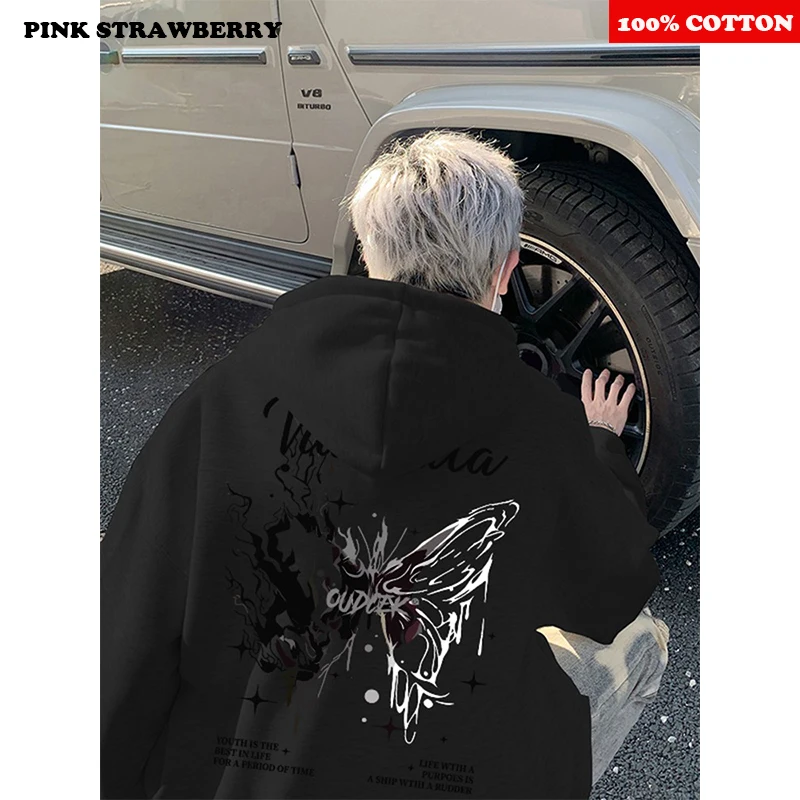 아메리칸 버터플라이 프린트 후드티 남성 가을 겨울 2025 신상 패션 스트릿 루즈 캐주얼 캥거루 파우치 Y2K 탑 남성 스웨트셔츠