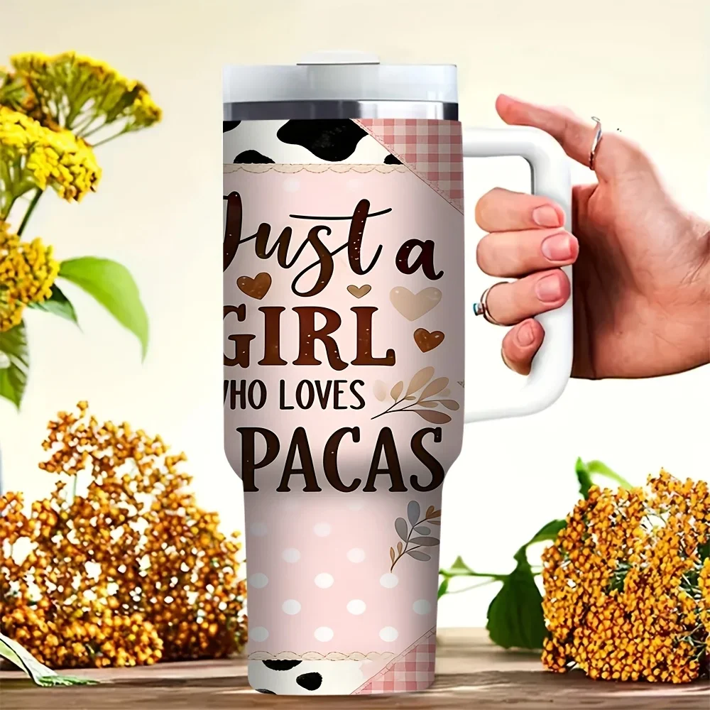 40oz Tumbler with Handle, Features Cute Alpaca Print, Suitable for Girls And Women Who Love Alpacas, Fits Both Hot And Cold Drinks, Perfect for Daily Use And Outdoor Travel Activities