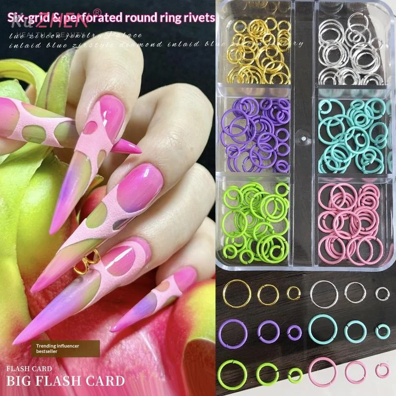6grids/box Dopamine Colors Perforated Circular Ring Nail Accessories Parts For Nails Decoration Manicure Decor Supplies Material