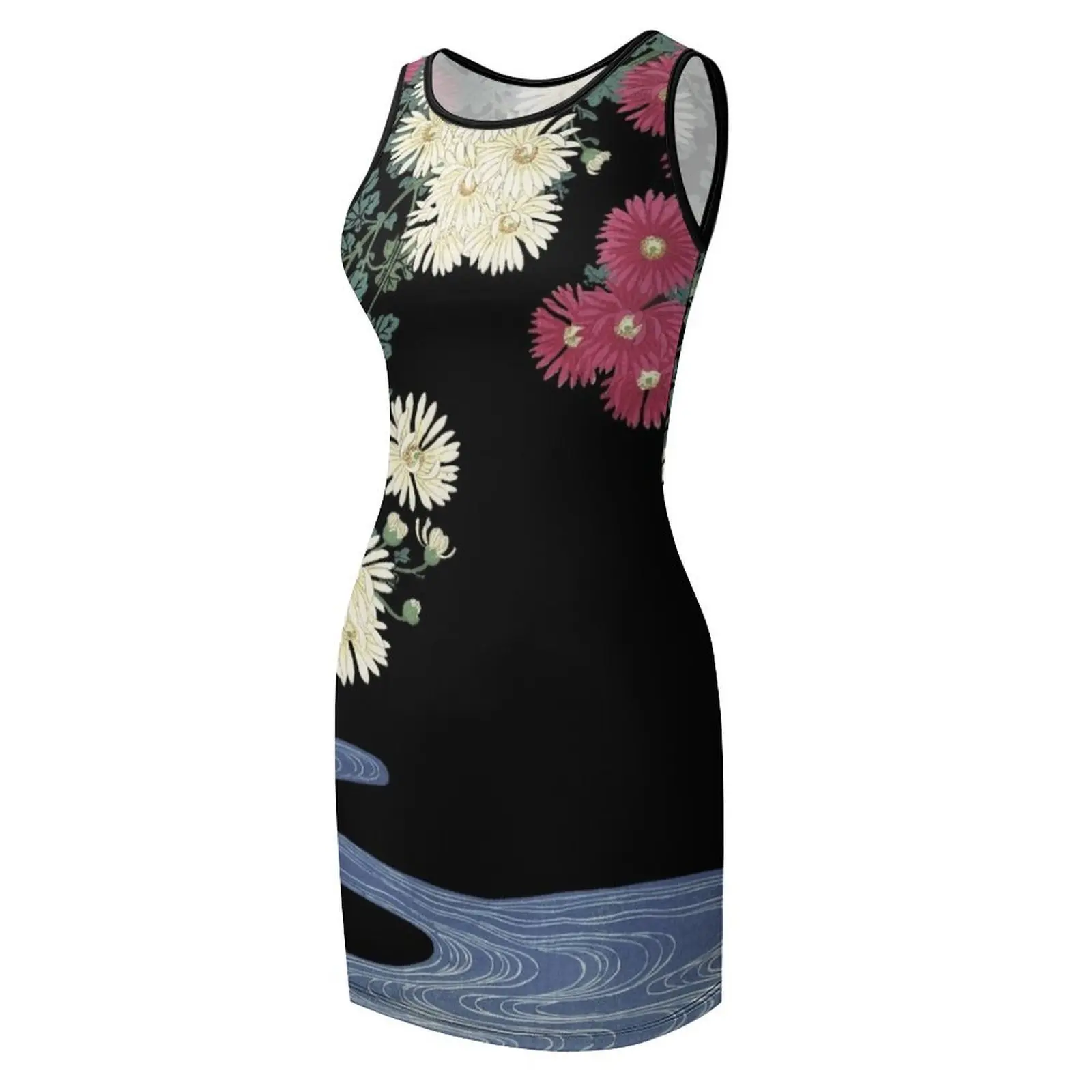 ชุดเดรสลายดอกเบญจมาศและน้ำไหลแบบโบราณสไตล์ญี่ปุ่น ชุดเดรสแขนกุดสำหรับผู้หญิง