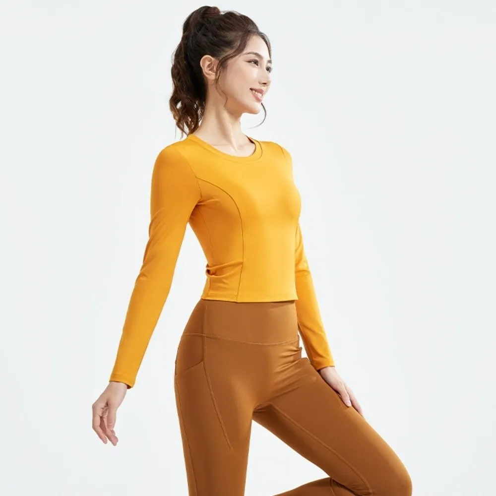 Ruffled Fit Back Drawstring Sportswear with Chest Pad Elastic Fitness Yoga Top Long Sleeve Breathable Pilates Yoga Shirts Sport