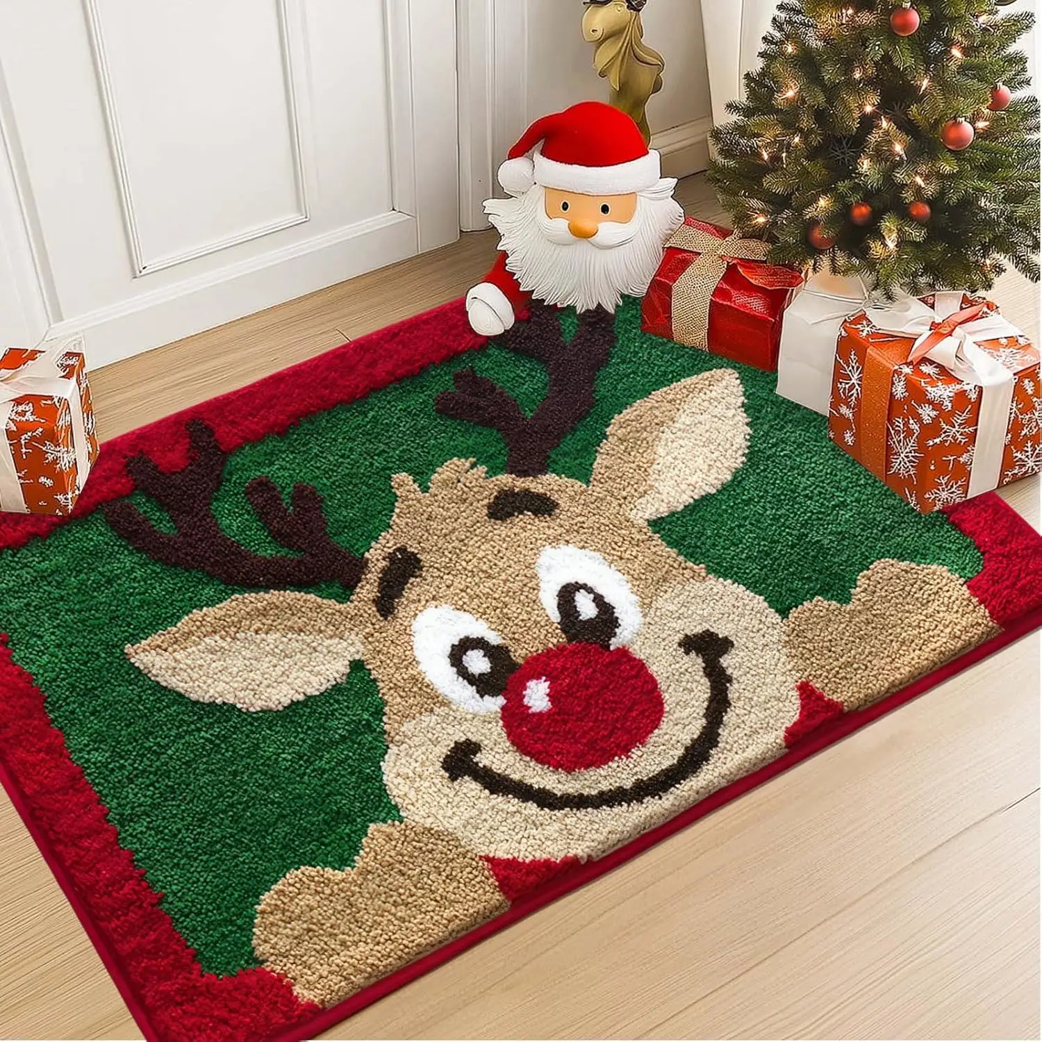 VIKAMA Weihnachts-Cartoon-Teppich aus Kunstkaschmir, weiche Badezimmermatte, Schlafzimmer-Nachttisch-Teppich, Eingangstürmatte, festliche Heimdekoration