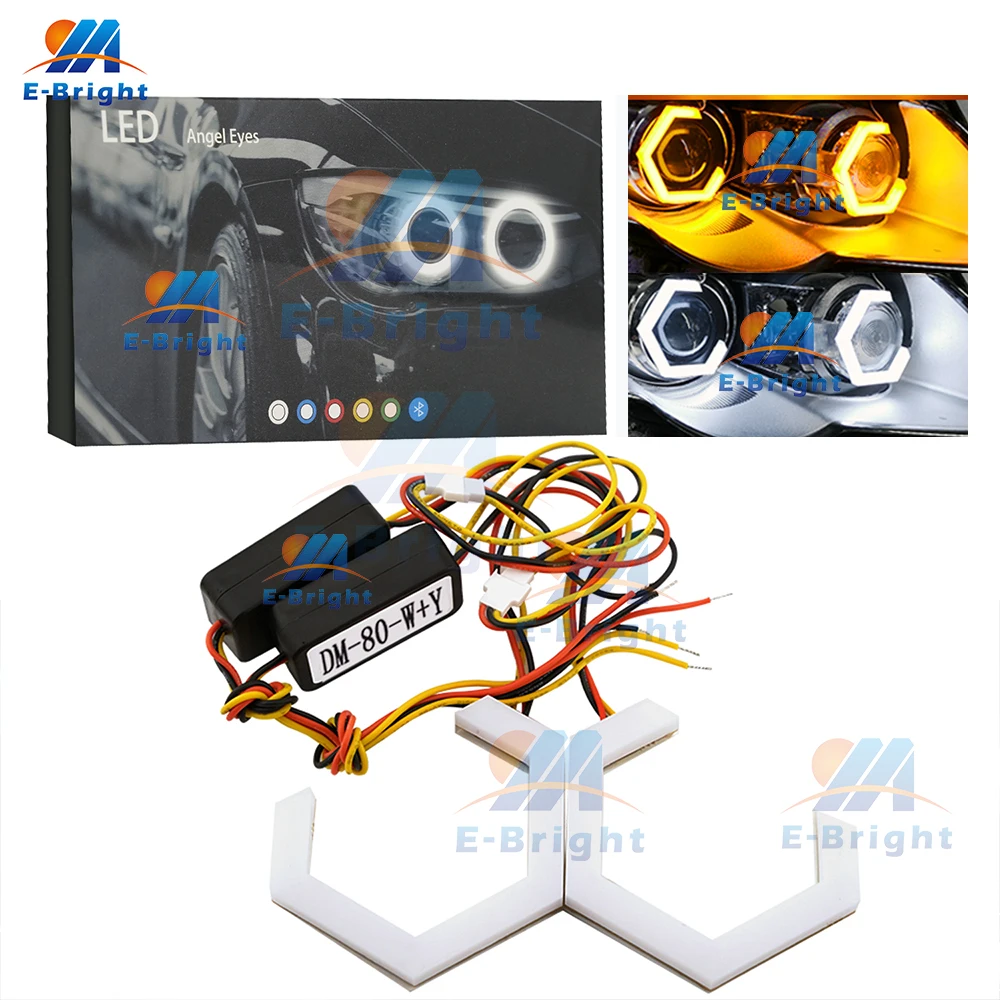 

1Set 12V 24V Hexagon Angel Eyes Switchback White DRL+Amber Turn Signal Light Halo Rings Retrofit Headlight Car Motorcycle