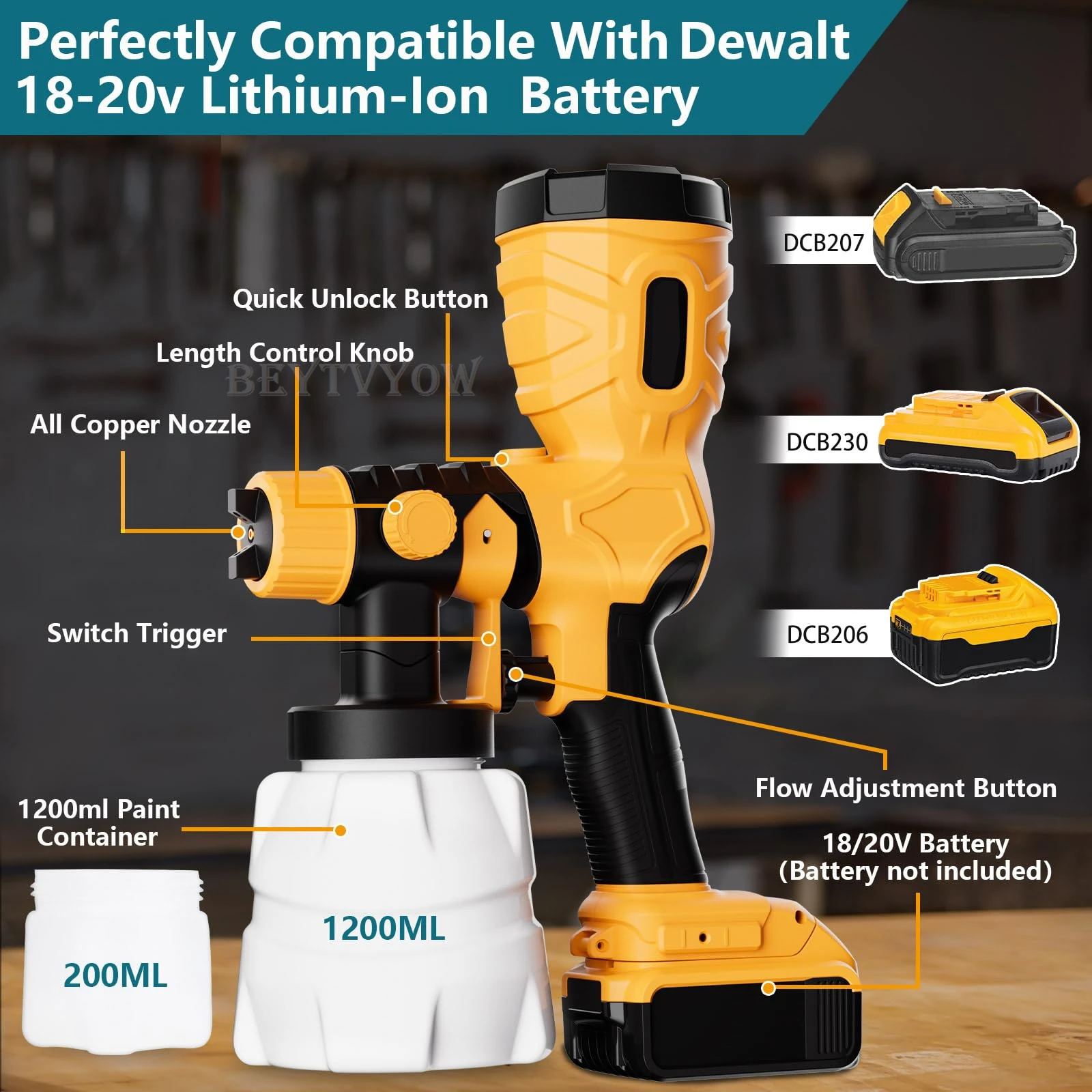 

Beytvyow 1000ML Cordless Spray Gun for Dewalt 20V Battery Brushless Motor Home Electric Paint Sprayer 4 Nozzle Easy For Beginner