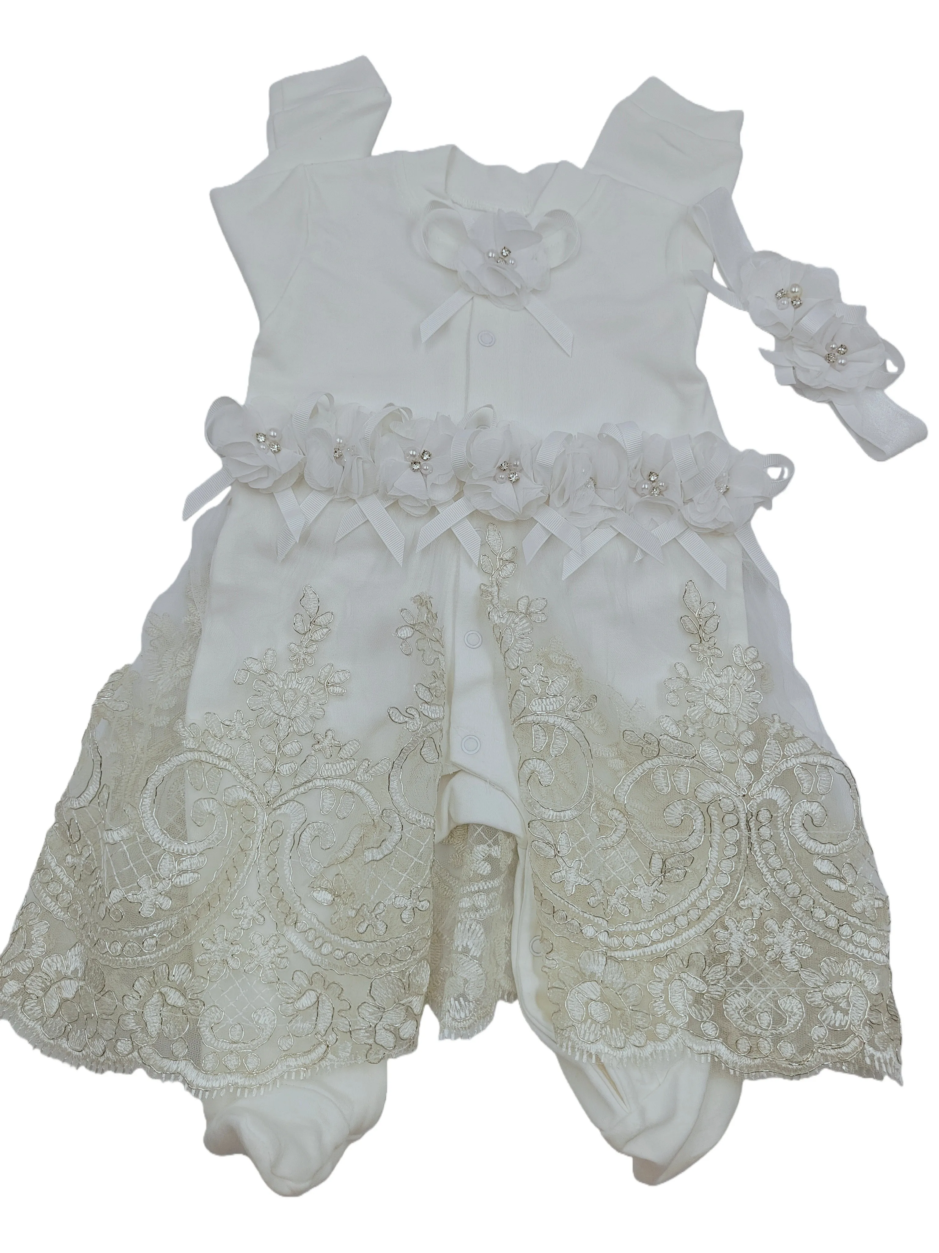 Dollbling Gold Lace Flower 2-Piece Set For 0-3-Month Baby Girls – Romper, Headband, Pearl Accents, for Photo Show Holiday Gift