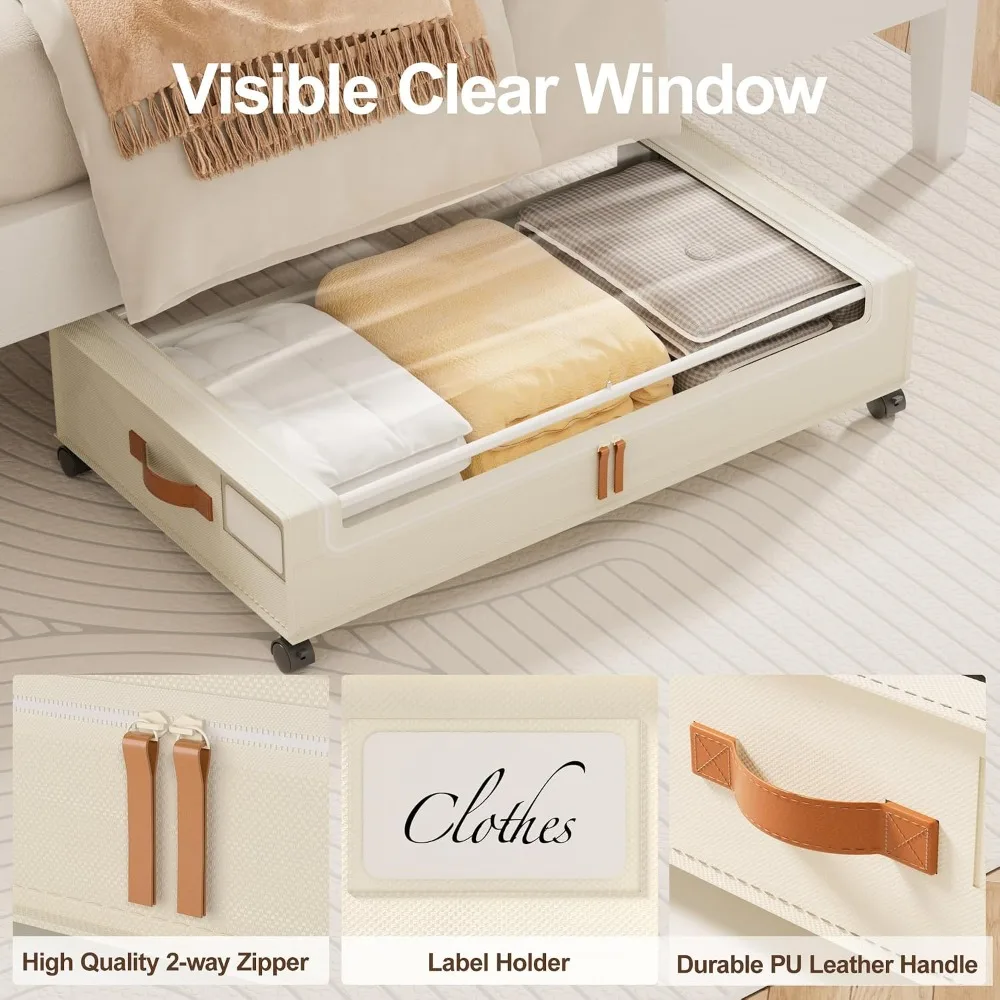 2 Pack Under Bed Storage with Wheels, 60L Clear Lid Bins, Rolling Metal Drawers for Clothes, Blankets, Shoes, Beige view 5