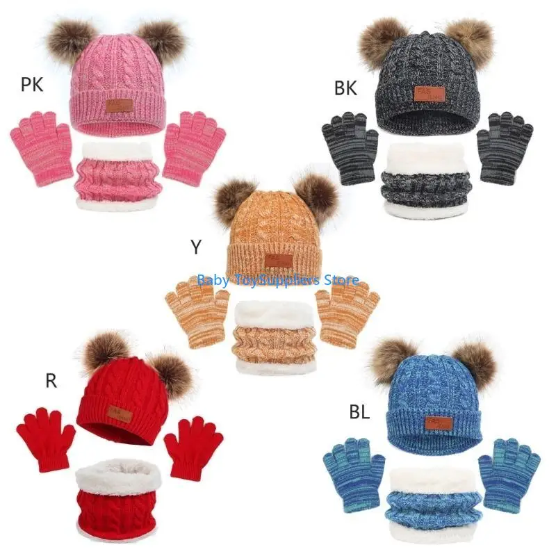 

R1WF Crochet Knitted Warm Hat Gloves Baby Hat Glove Neck Scarf Set for Infant Toddler