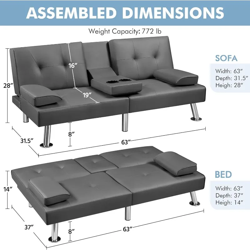 Adjustable Couch Sleeper Reversible Loveseat Folding Daybed Guest Bed, Removable Armrests, Cup Holders, 3 Angles, Gray