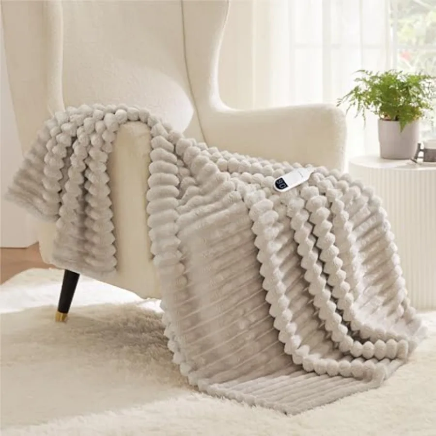 

Heated Blanket Electric - Thick Striped Flannel Electric Blanket Heating with 6 Time Settings Up to 10H 6 Heat Settings and 8Hr
