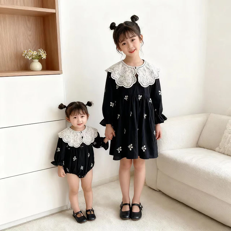 2025 Autumn Sisters Children Dress 0-7Yrs Girl Party Embroidery Flower Dress Twins Kids Princess Dresses Cotton Baby Girl Romper