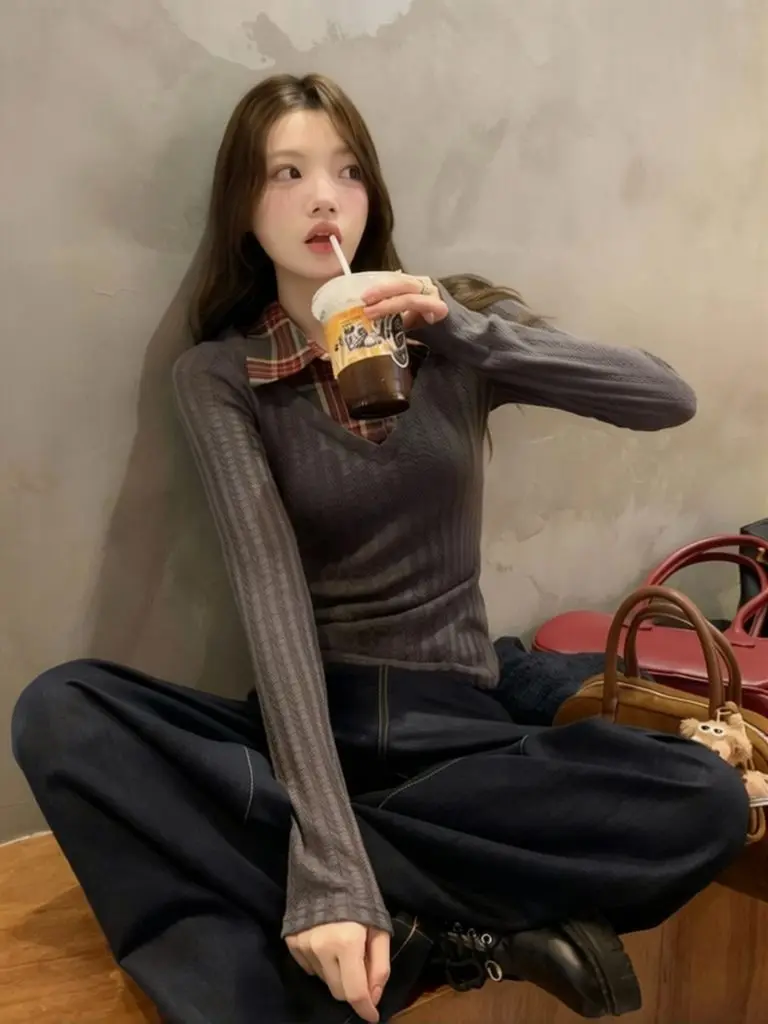 Vintage Polo Neck T Shirt Woman Plaid Layered Top Long Sleeve Basic Fake Two-piece T Shirt Casual Work Wear Plain Tees