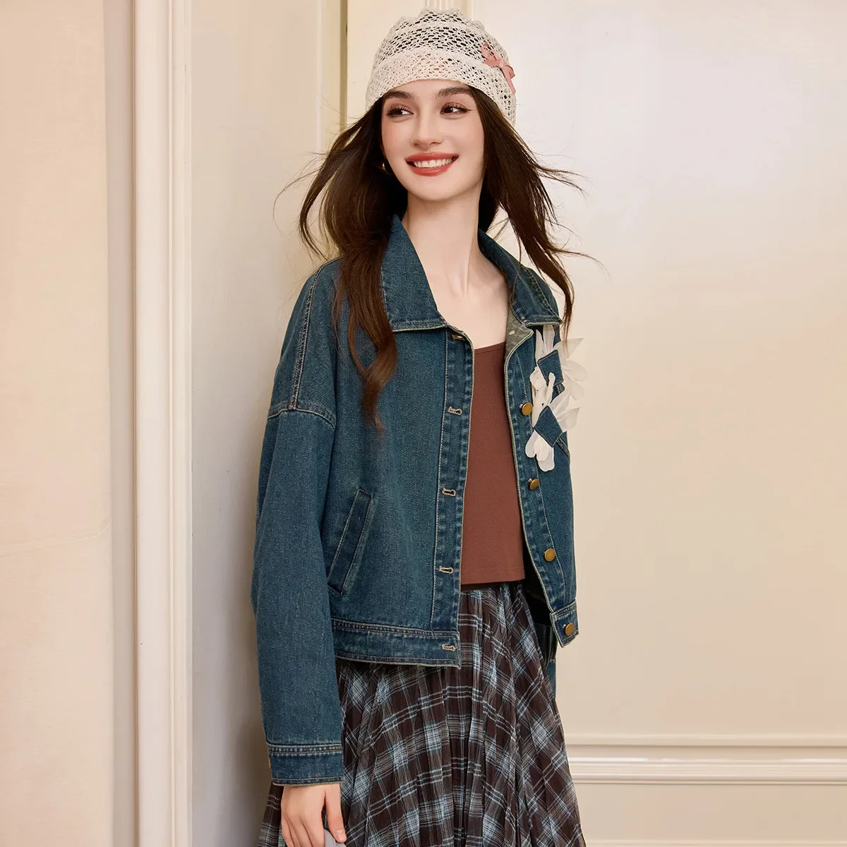 LOUISYAO  Water Washed Denim Jacket Women 2025 Autumn 3D Embroidered Color Contrast Drop Sleeves Casual Cardigan Coat Hot Sale