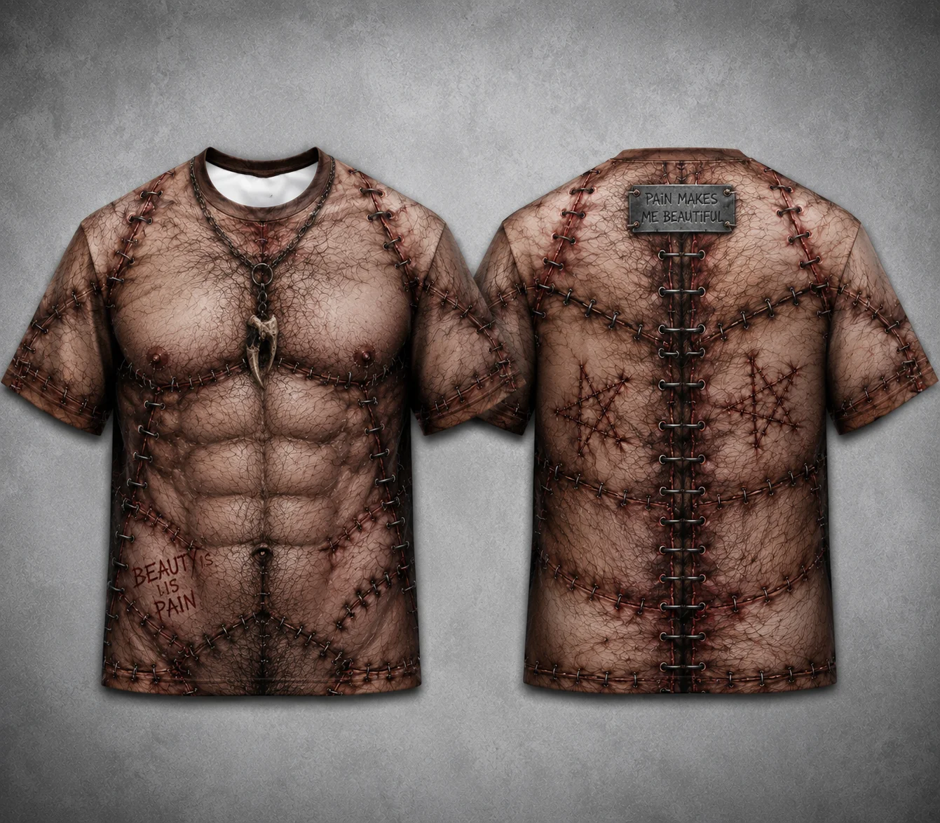 Men 3D Muscle Abs Faux Stitched Skin Print T‑Shirt, Gothic Horror Y2K Punk Tee, Dark Cosplay Short Sleeve, Great Gift for Men