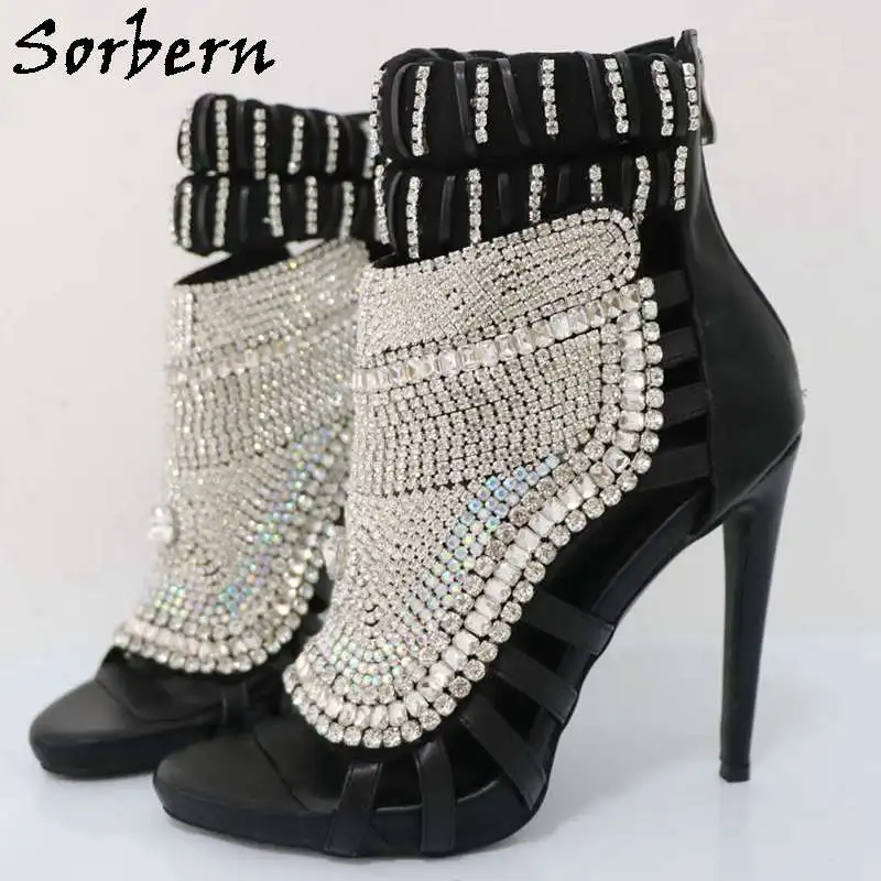 Sorbern Luxury Crystal Women Sandals High Heel Rhinestones Ankle Strap Rear Zipper Stilettos Custom Beaded Sparking Sandals