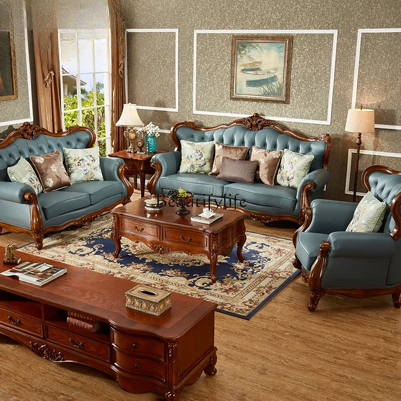 

American leather sofa European large apartment solid wood living room sofa combination retro country villa high-end