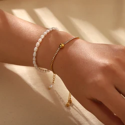 Wholesale Natural Freshwater Pearl Bracelet Necklace 18k Gold Plated Stainless Steel Jewelry Choker for Women Party Gift