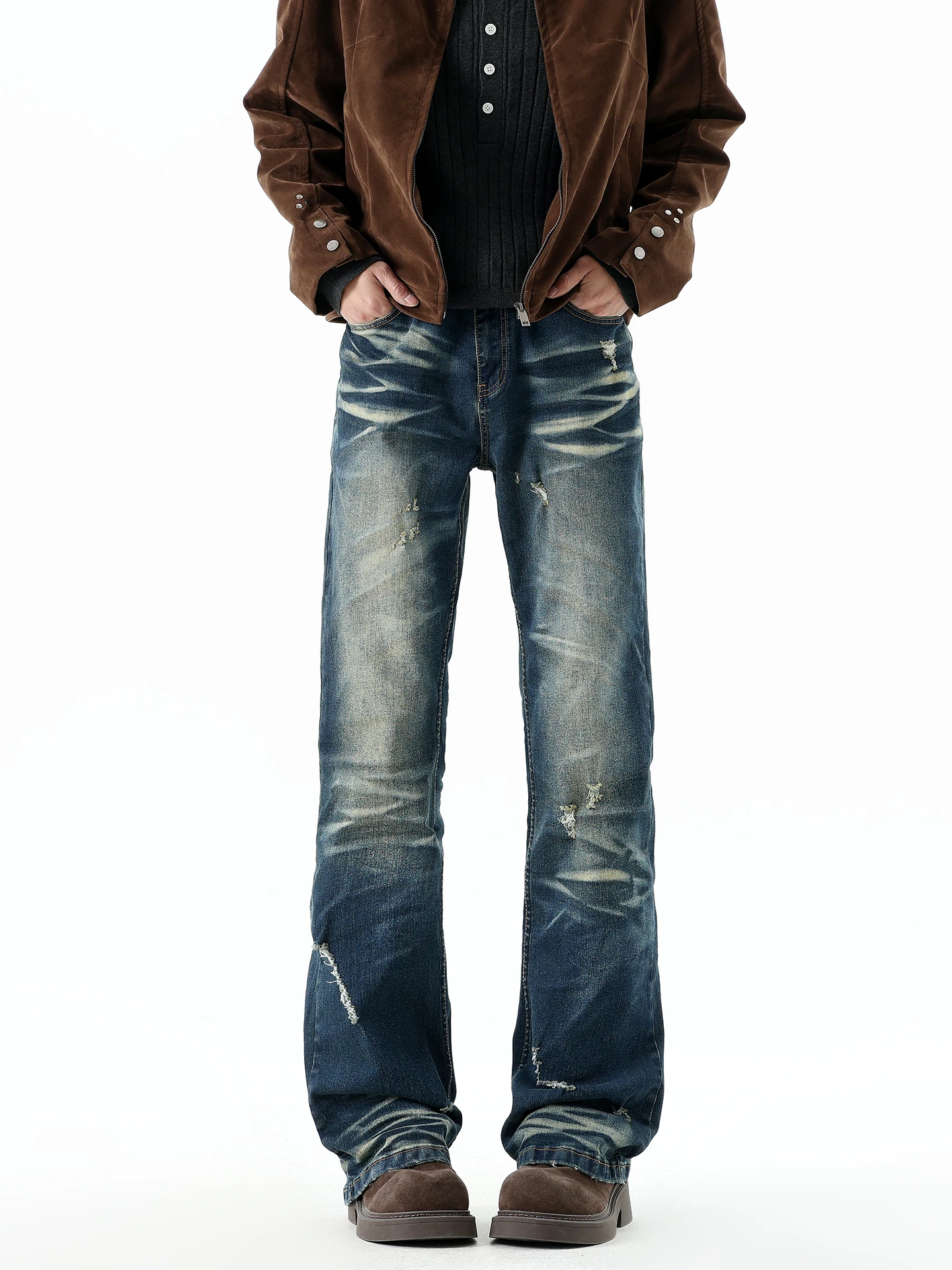 

Джинсы Boyue в американском ретро-стиле, расклешенные, унисекс, уличные, с эффектом потертости, с дырками, прямые, длинные брюки, средняя посадка, на молнии