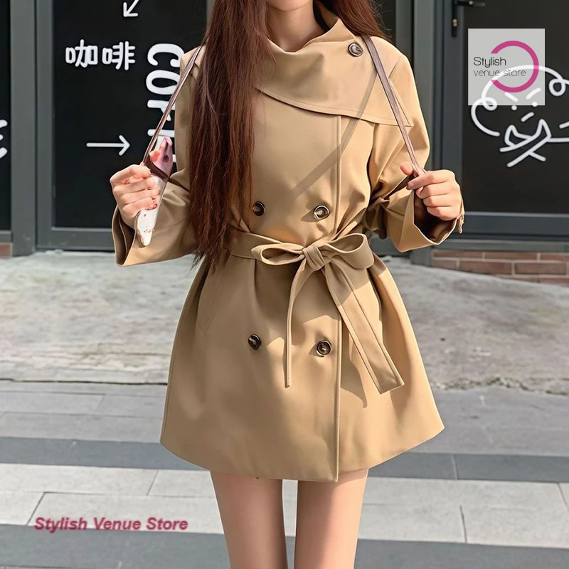 

Корейская версия женского двубортного плаща больших размеров в британском стиле, новинка весенне-осеннего сезона, с поясом на талии, элегантное пальто.