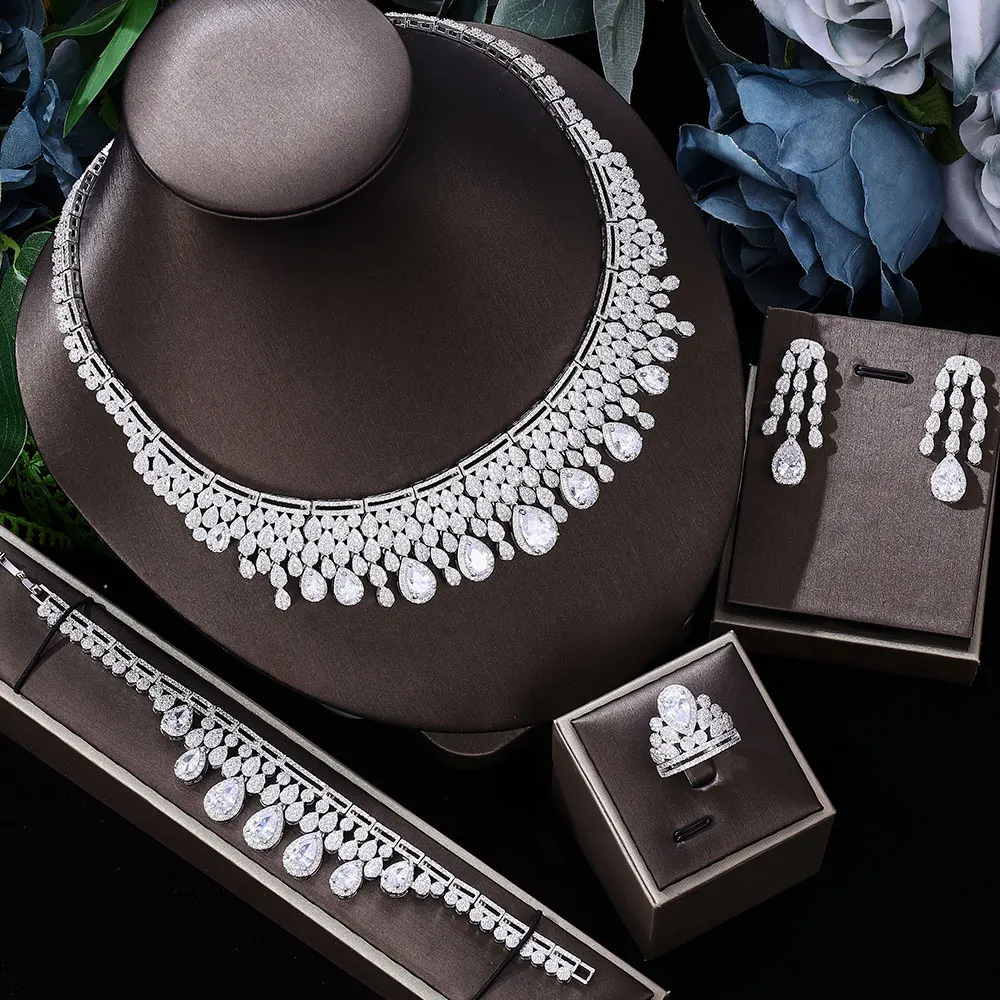 

Ingenious 2022 4-PCS Necklace Earrings Bracelet Ring for Noble Luxury Women Bridal Wedding Party Show Jewelry Set