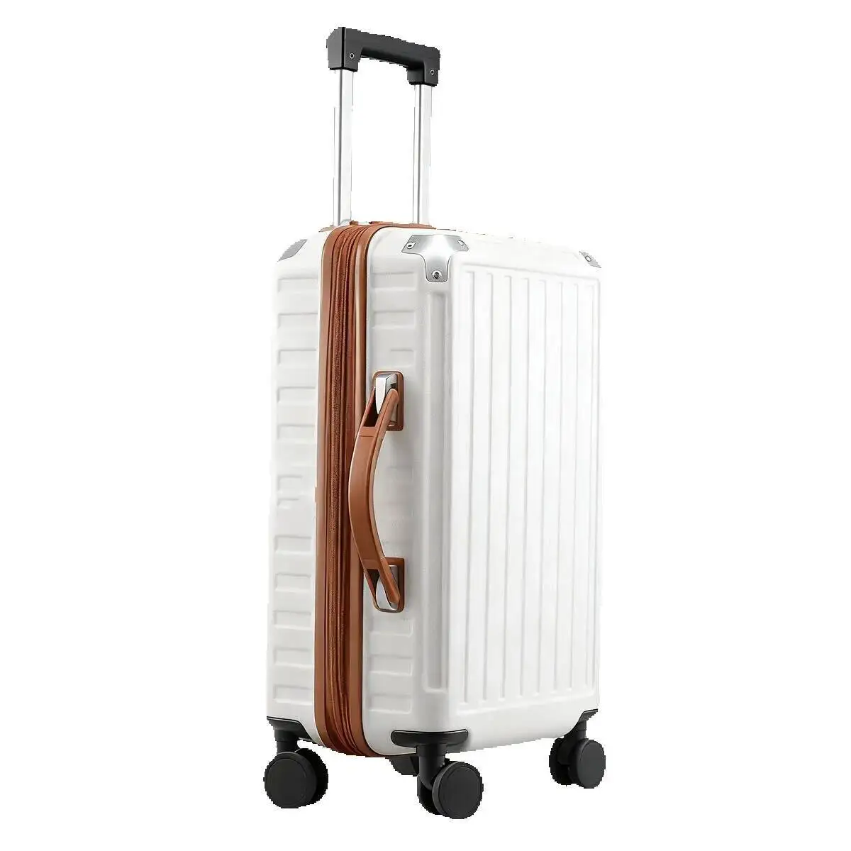 

Women's White Hard Shell Luggage - Brown Trim & Spinner Wheels, Lightweight Rolling Suitcase for Travel