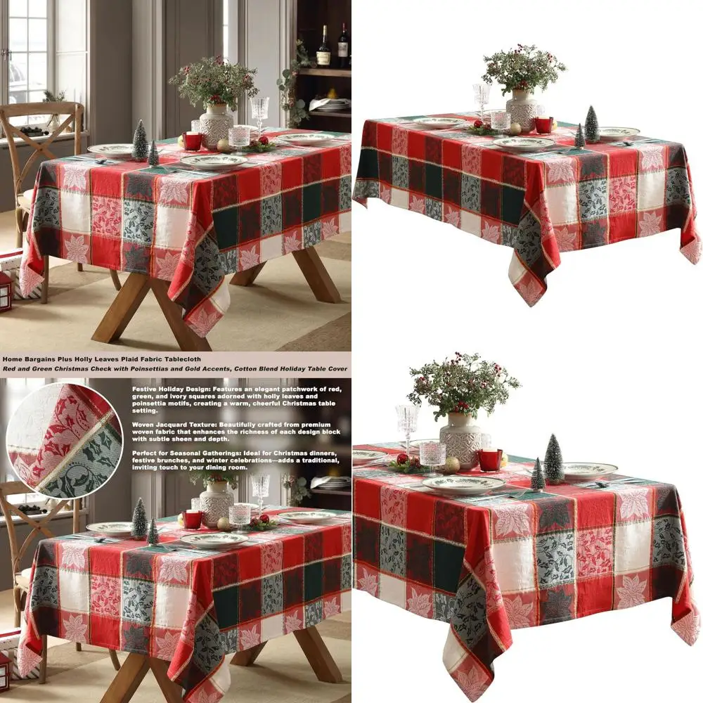 

Red and Green Christmas Plaid Tablecloth, 60x120 Inches, Cotton Blend with Poinsettias and Gold Accents