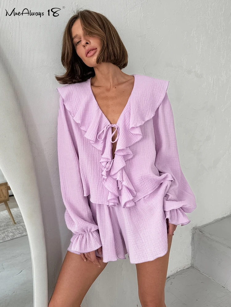 Mnealways18 Purple Crepe Cotton Shorts Sets Women Ruffled Blouses And Shorts Two Pieces Suits Autumn Winter Casual Outfits 2024