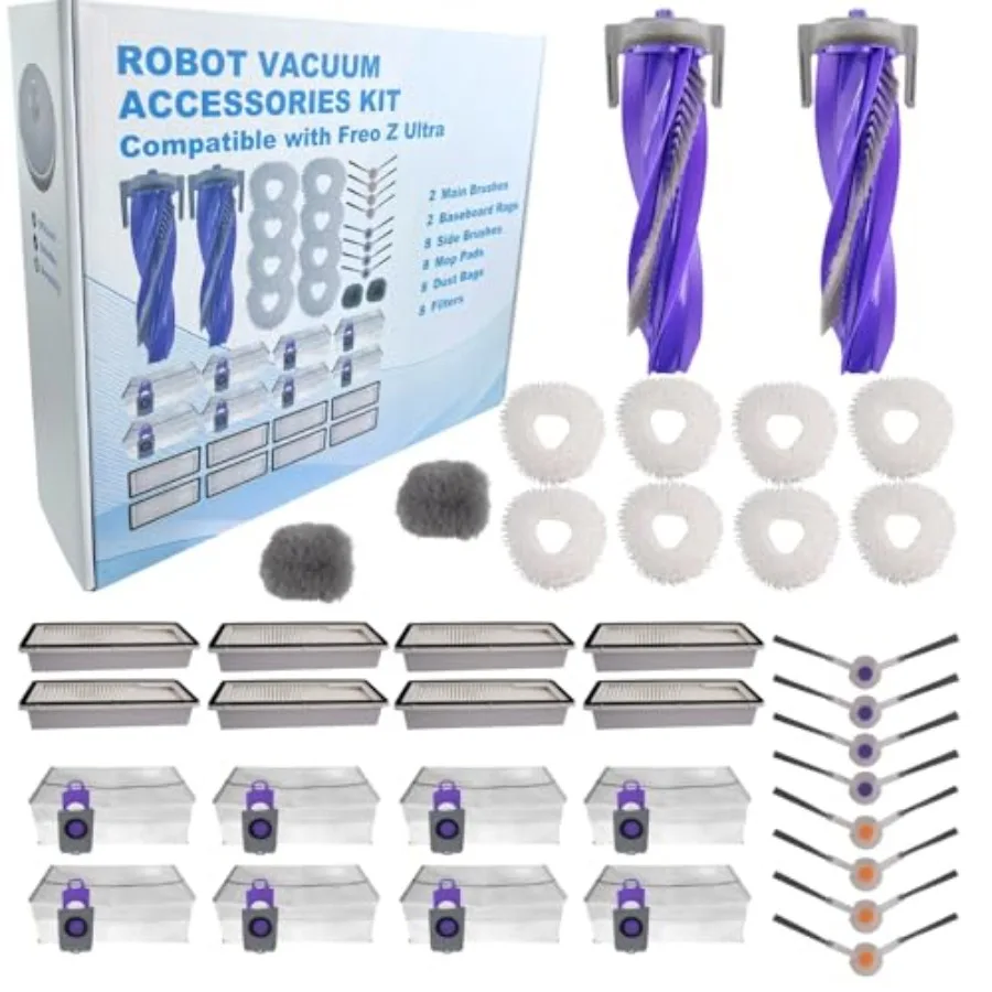 

Комплект запасных частей и аксессуаров, совместимый с Narwal Freo Z Ultra — включает 8 мешков для пыли, 8 салфеток для уборки, 8 фильтров, 8 боковых щеток.
