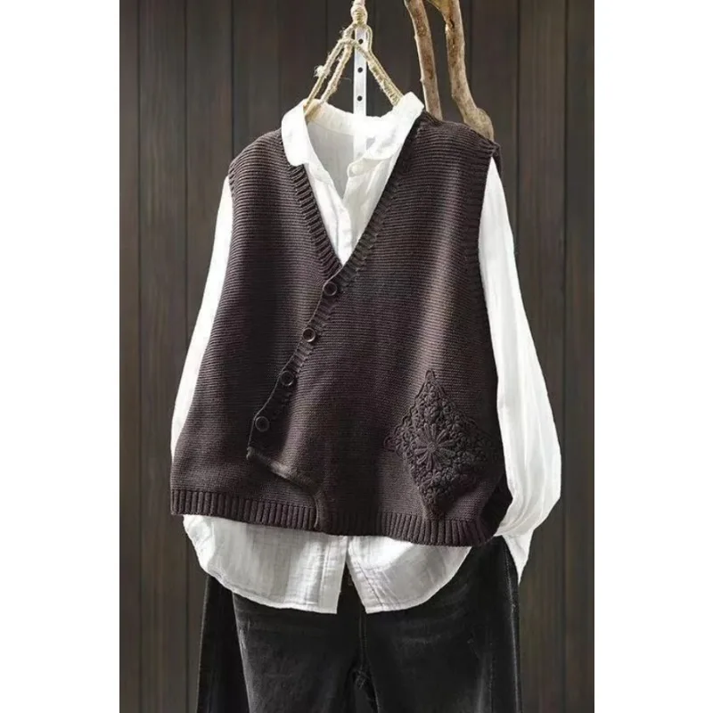Lace Patch Oblique Placket Knitted Vest for Women New Cardigan Autumn Loose Spring and Autumn Waistcoat