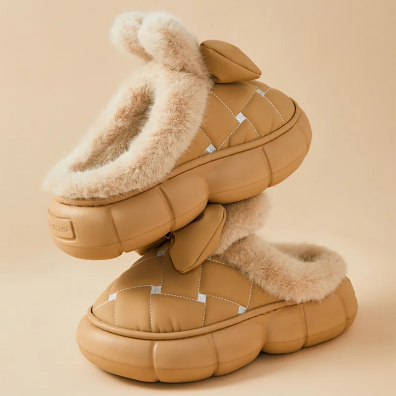 Thick Platform Waterproof Cotton Slipper Women Winter Warm Plush Slippers Fashion Bow Half Wrap Heel Lined Furry House Slides