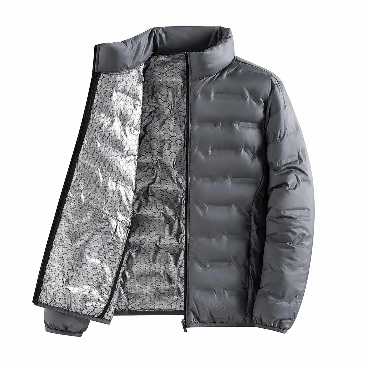 Women's Warm Loose Fit Stand Collar Solid Color Zipper Closure Regular Length Casual Winter Outerwear Jacket with Hexagon