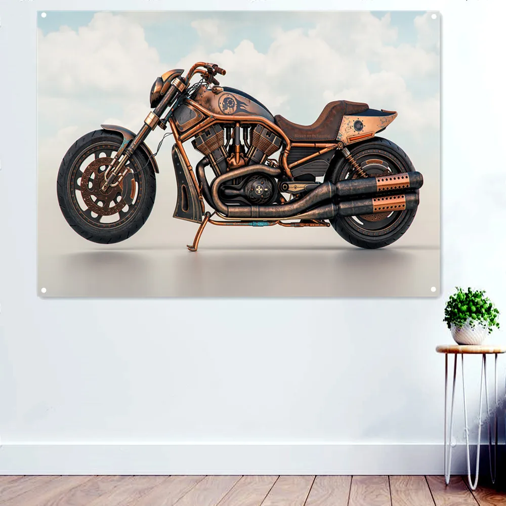 

Retro Copper Motorcycle Rider Wall Paintings Repair Shop Garage Home Decorative Banner Posters Prints Hanging Flag Gift for Man