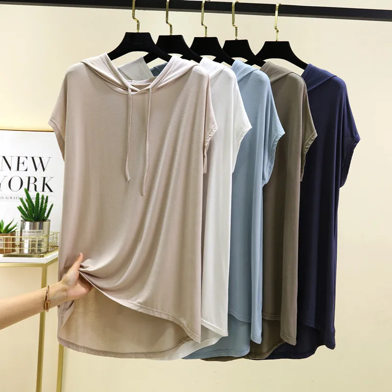 Summer Casual Loose Modal Short Sleeve T-Shirt Women's Mid-Length Hoodie Thin Outerwear Top plus Size Base Shirt