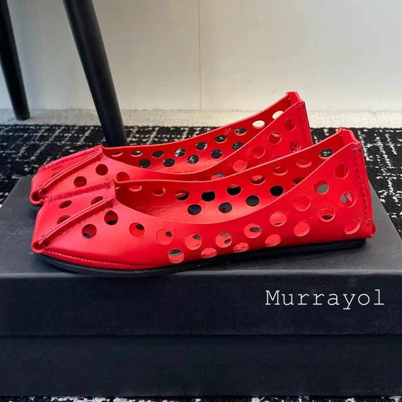 Solid Color Flat Bottom Ballet Shoes Women Genuine Leather Hollow Out Design Mary Jane Shoes  Spring Summer Sweet Single Shoes